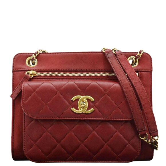 CHANEL  Square Front Pocket Quilted Leather Chain Crossbody Bag Red - Picture 1 of 11